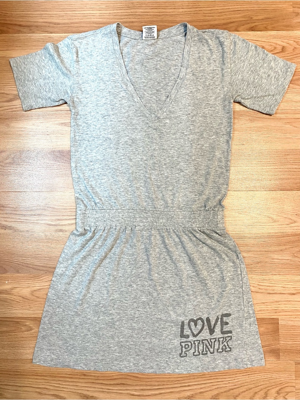 🩶VS PINK Y2K V NECK DRESS LOVE PINK CINCHED WAIST SOFT COTTON GRAY XS VINTAGE